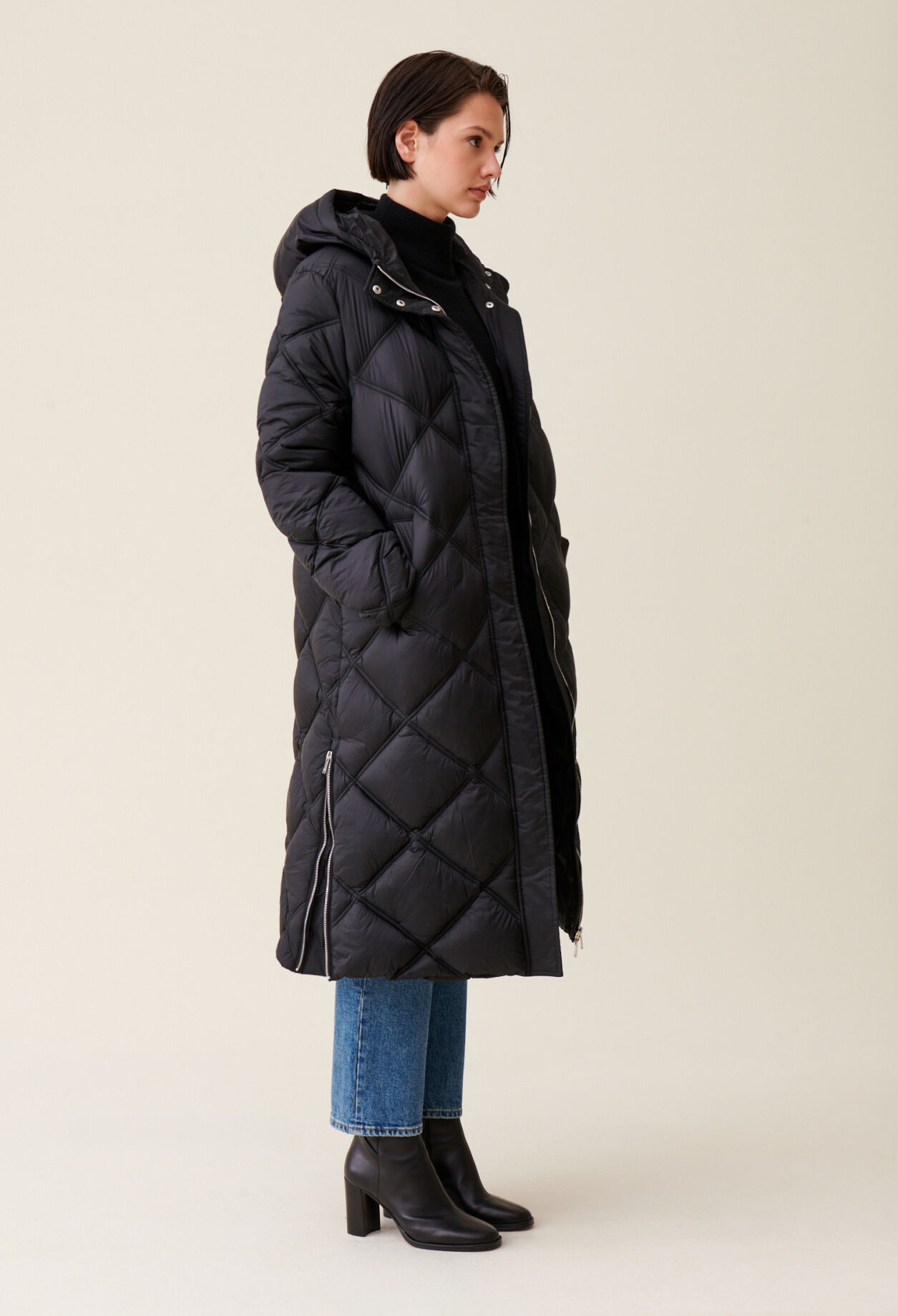 Long quilted hooded puffer coat