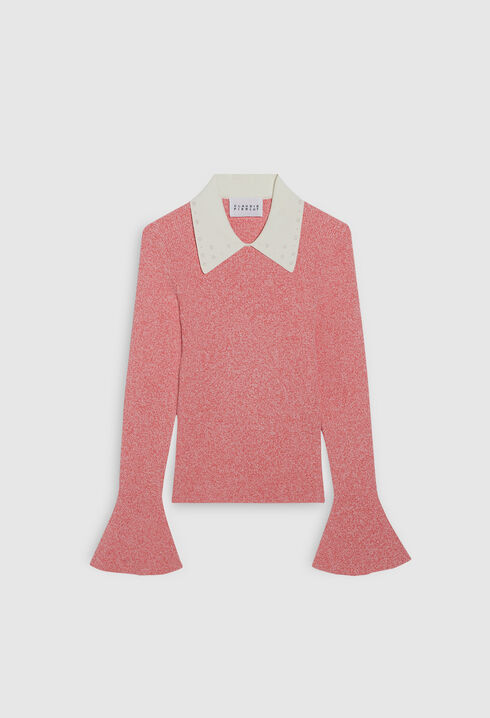 Pull chiné rose col blanc