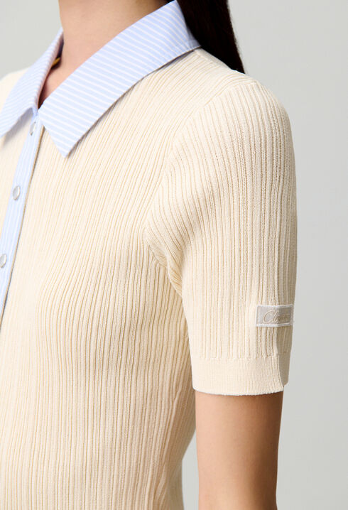 Striped bi-material cardigan