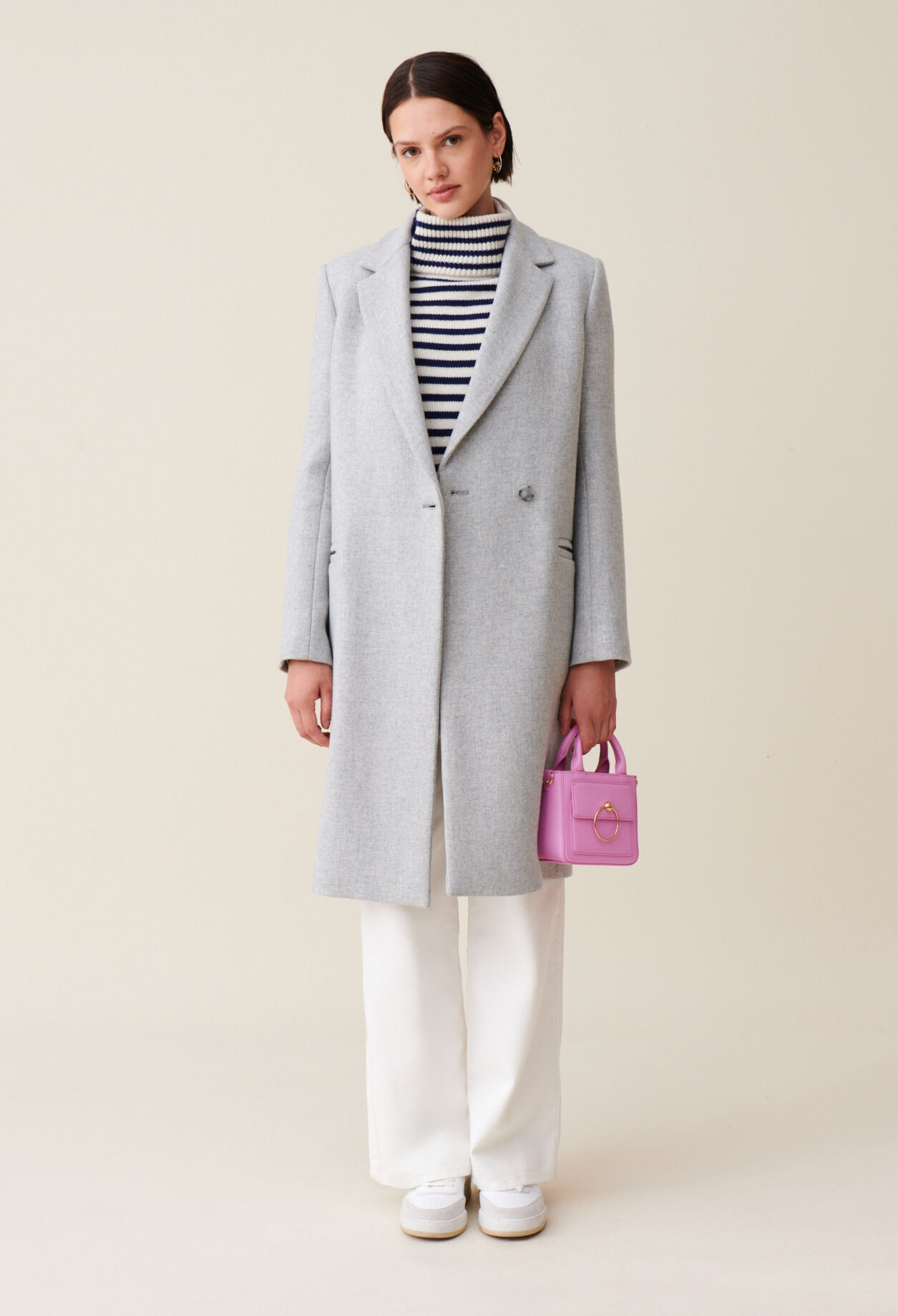 Light grey mid length tailored coat