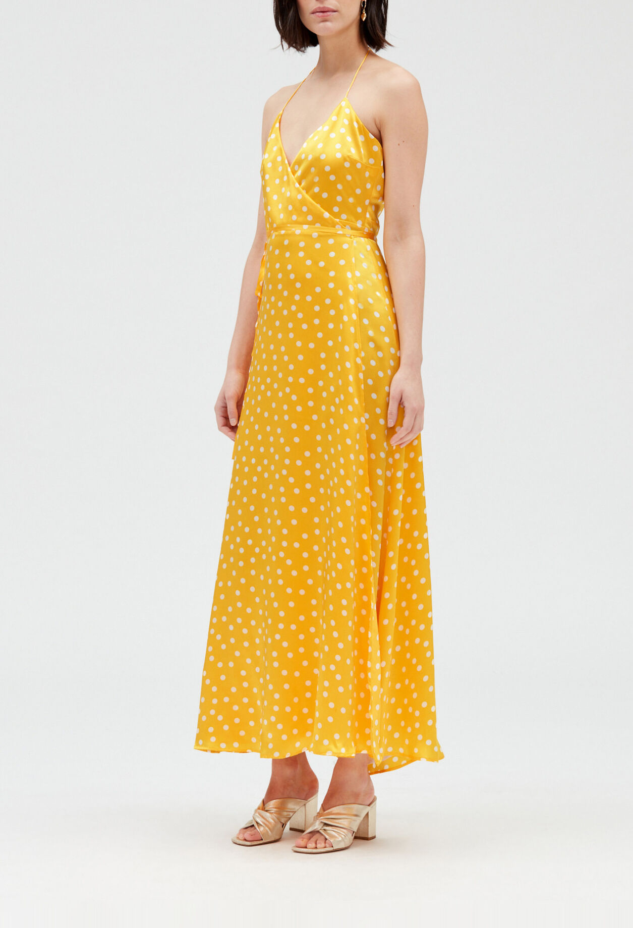 Robe longue portefeuille soie jaune