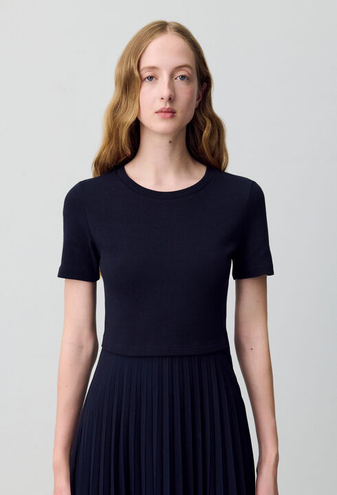 Robe midi bi-matière noire et marine 
