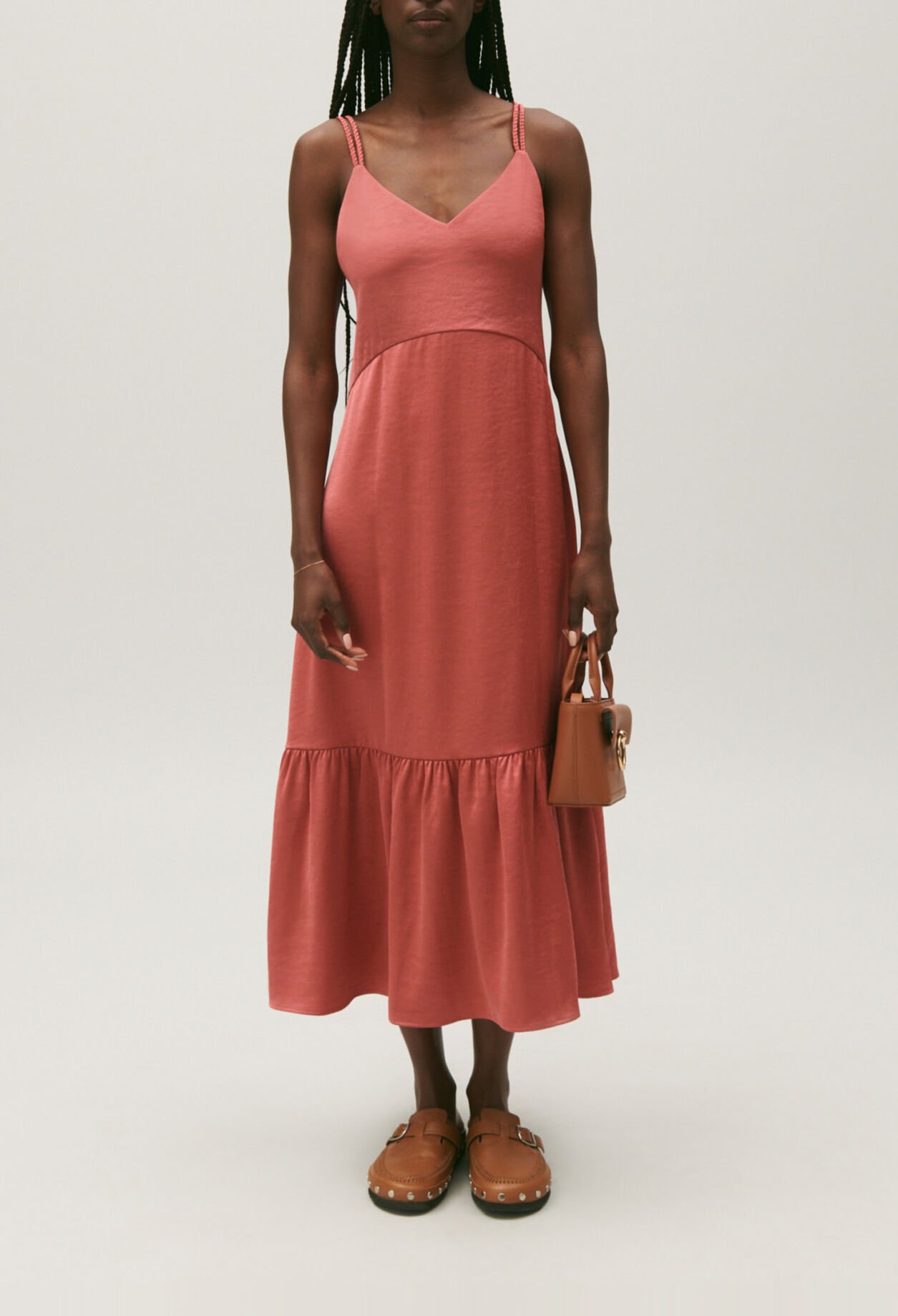 Terracotta satin midi dress