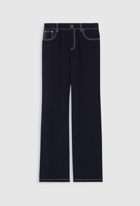 Pantalon droit long soie bleue