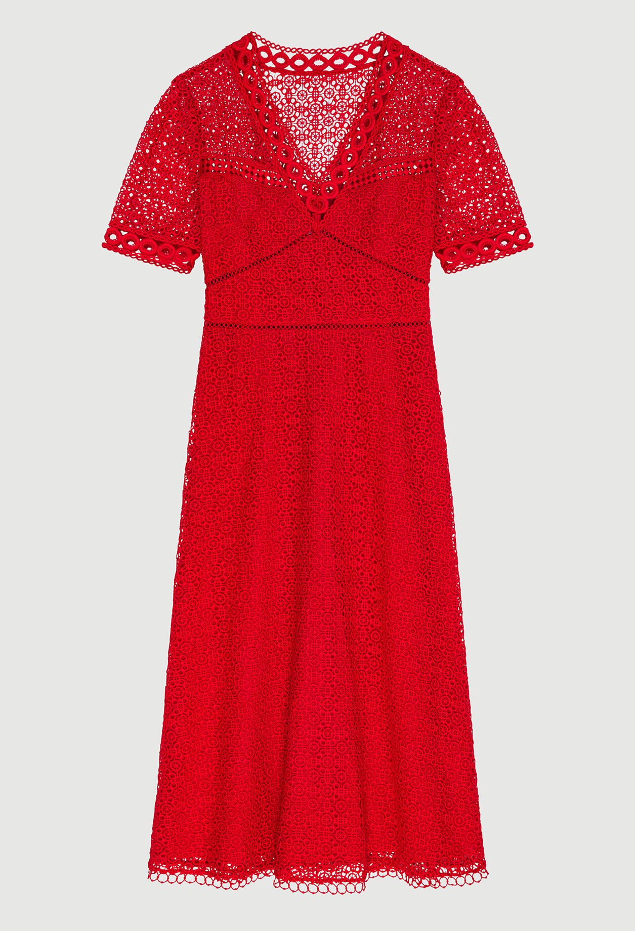 Long dress with red lace pattern