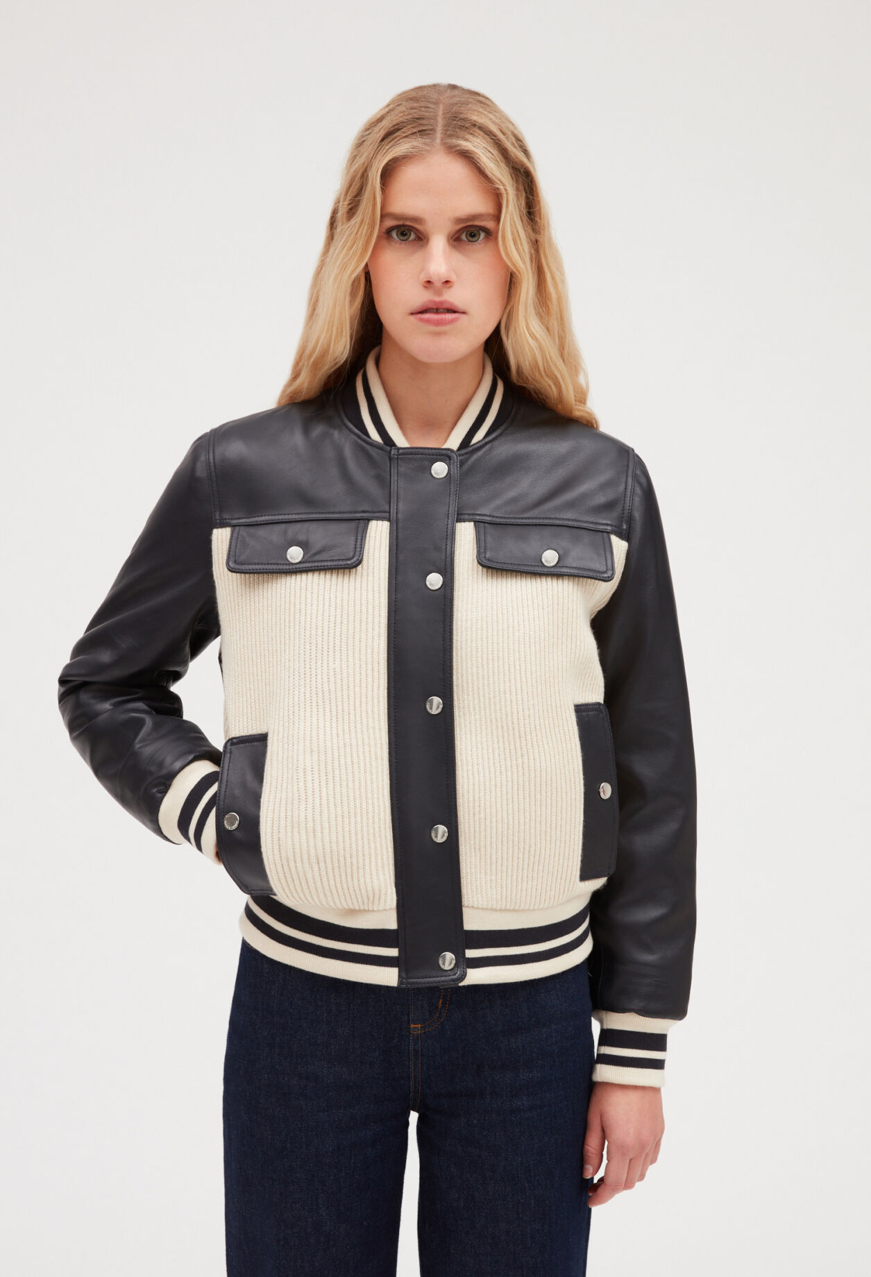 Two tone leather and knit jacket