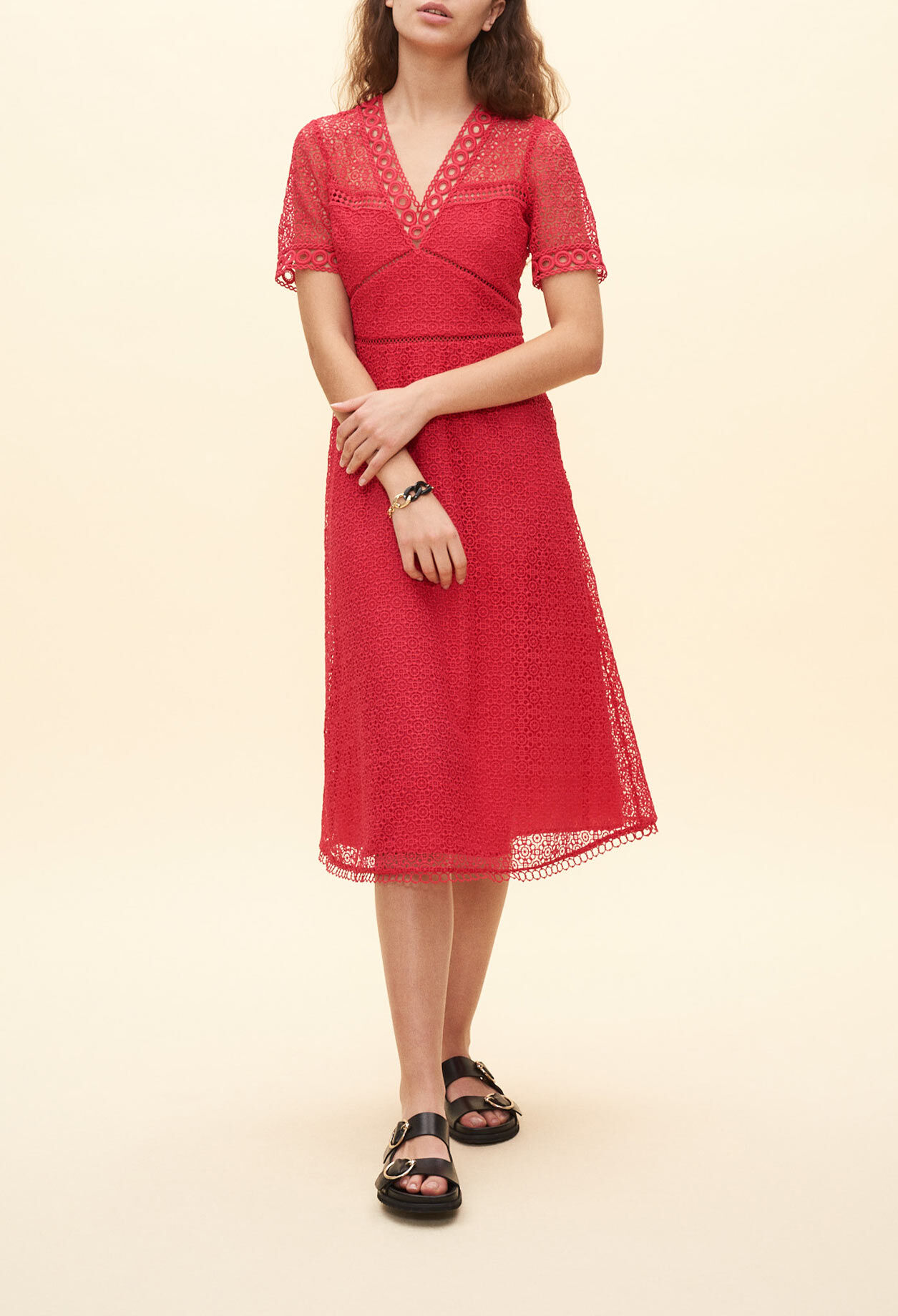 Long dress with red lace pattern