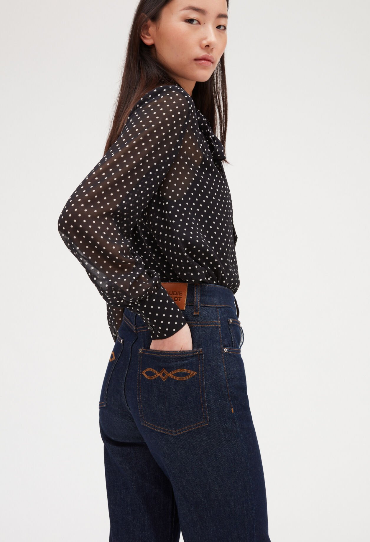 Wide leg raw denim jeans