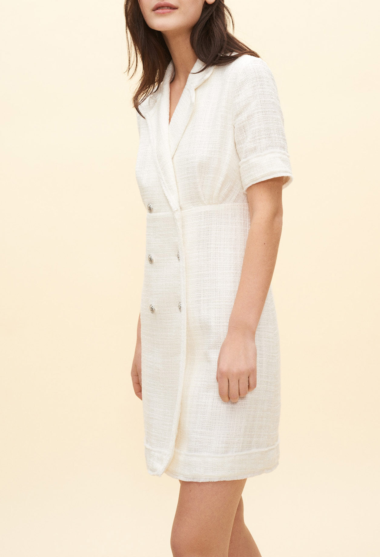 Jacket-style white dress with buttons