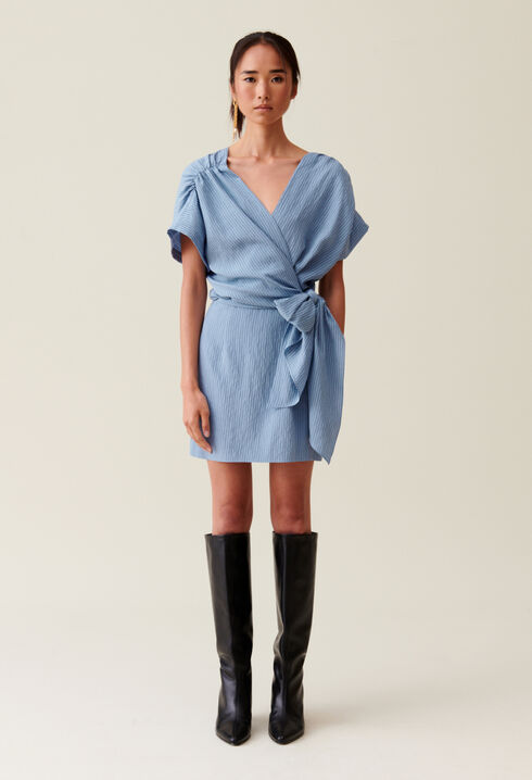 Robe courte cache-cœur rayures bleu