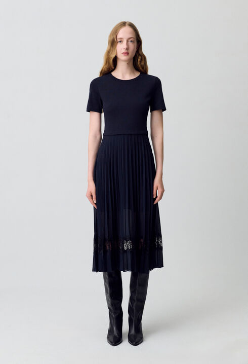 Robe midi bi-matière noire et marine 