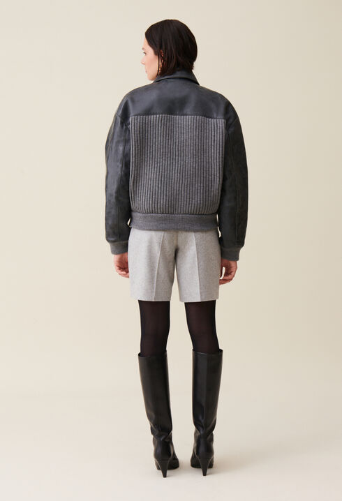 Grey mixed-material leather bomber