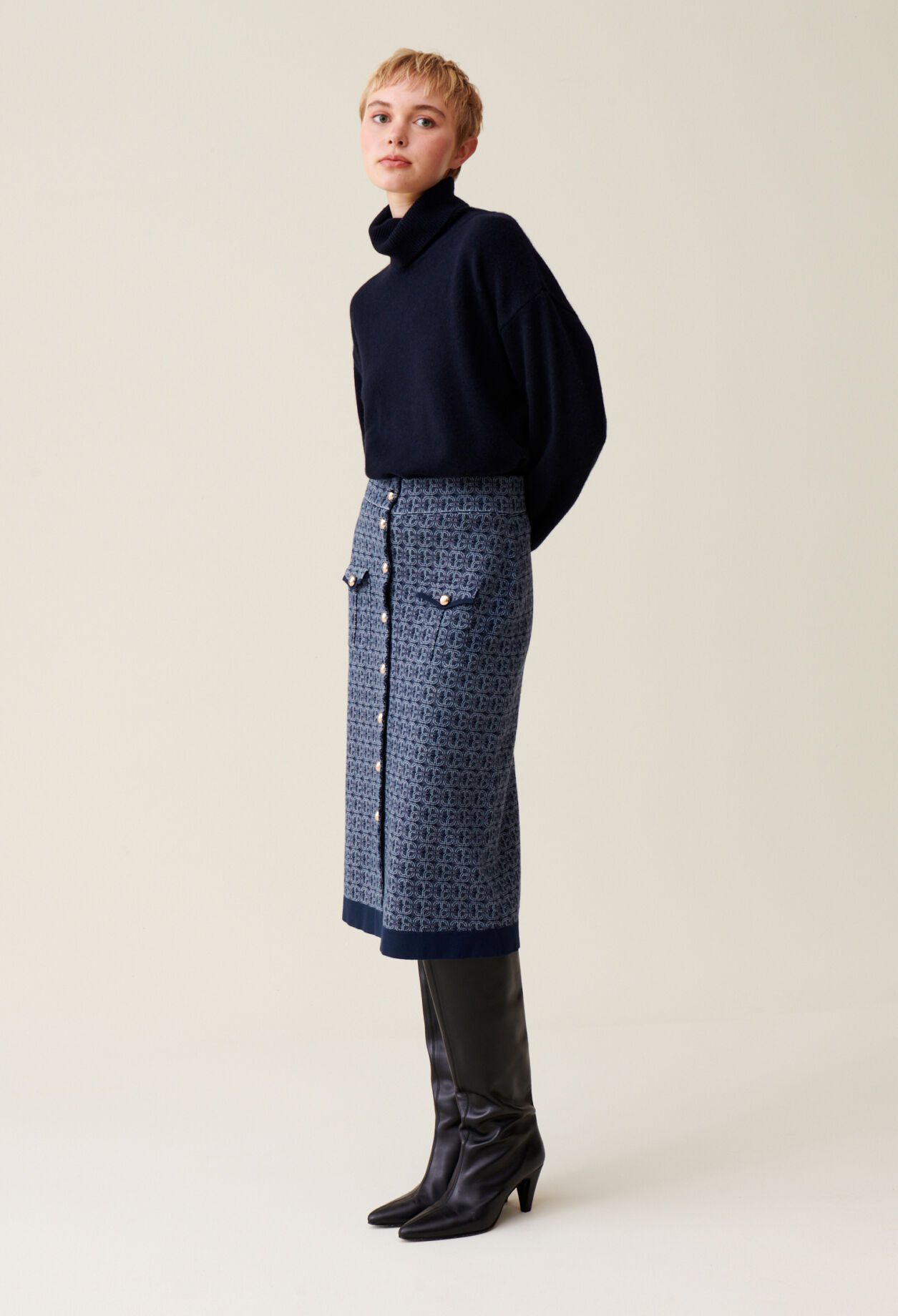 Jupe monogramme taille haute marine