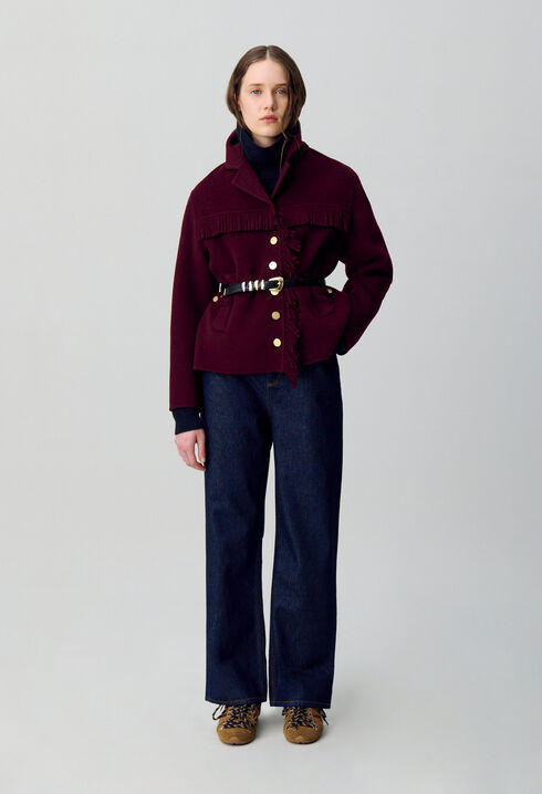 Manteau court laine franges