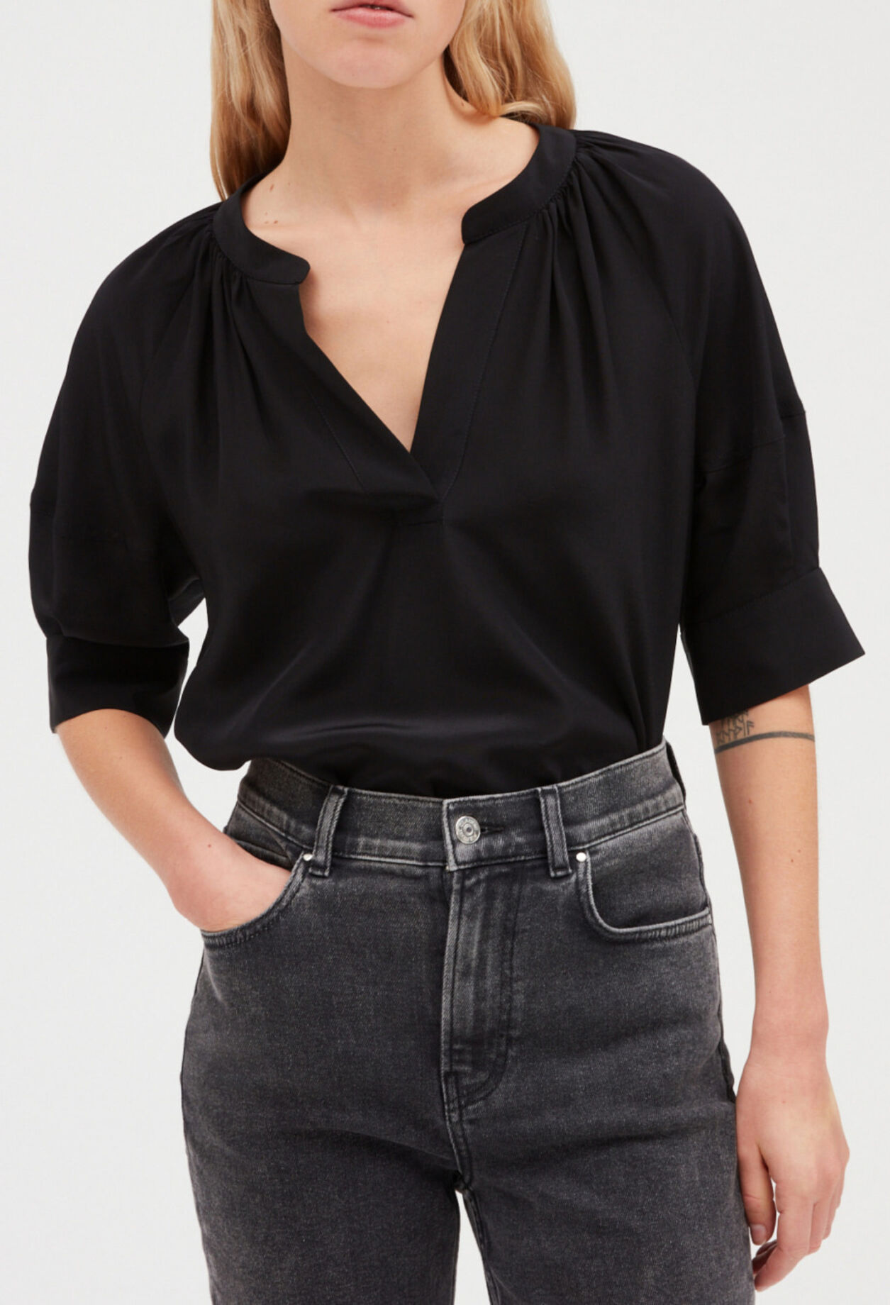 Black silk short sleeve blouse