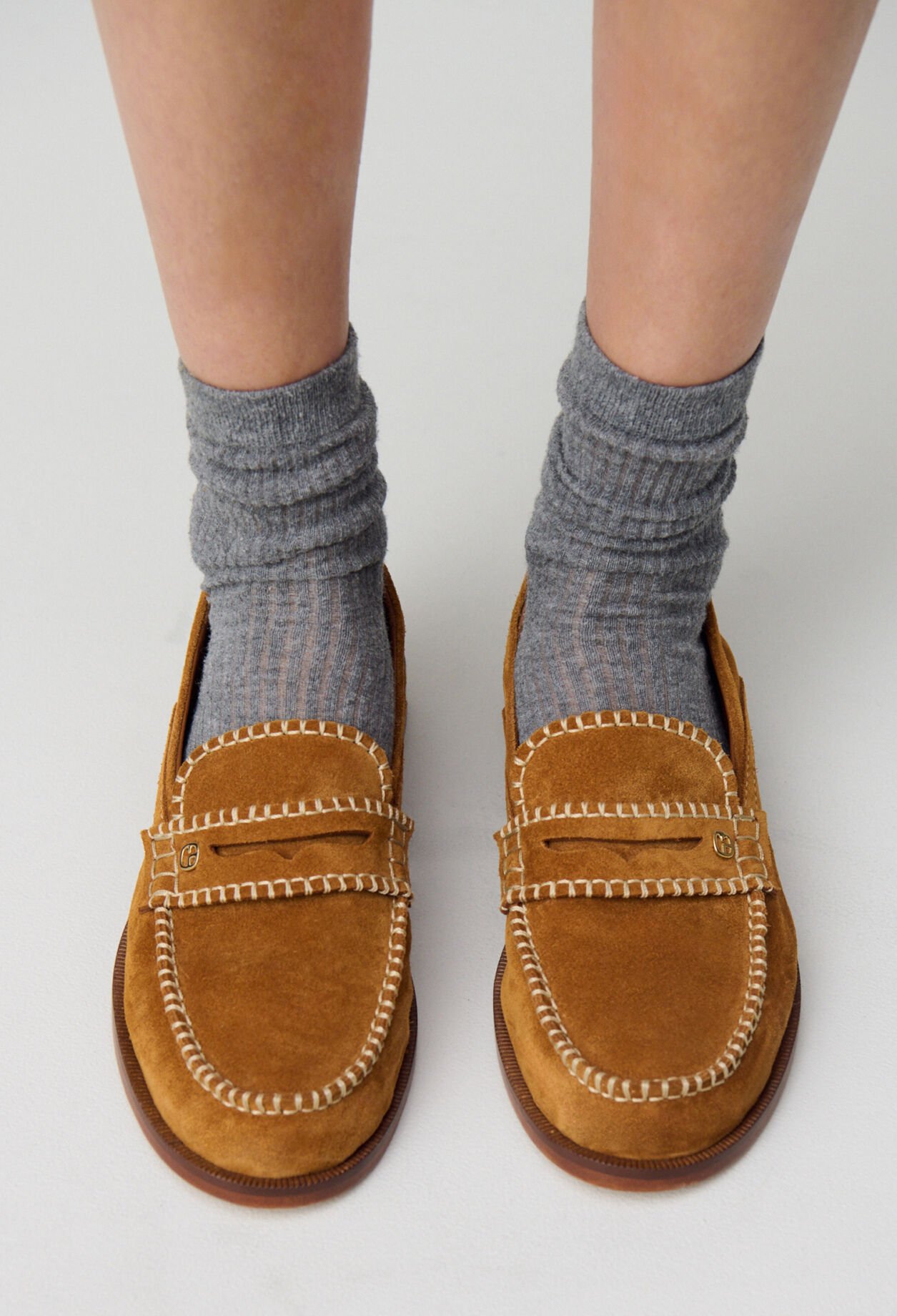 Suede mules with gold monogram