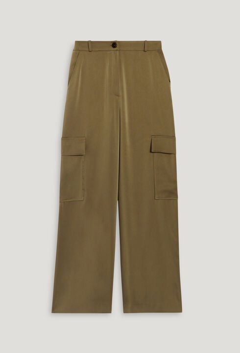 Khaki satin-effect floaty cargo trousers