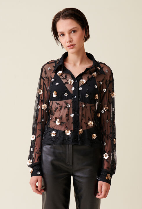 Chemise noire transparente brodée