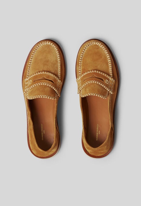 Mules suède monogramme doré