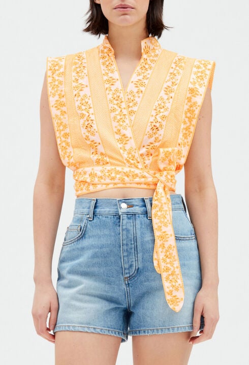 Embroidered mimosa wrap over top