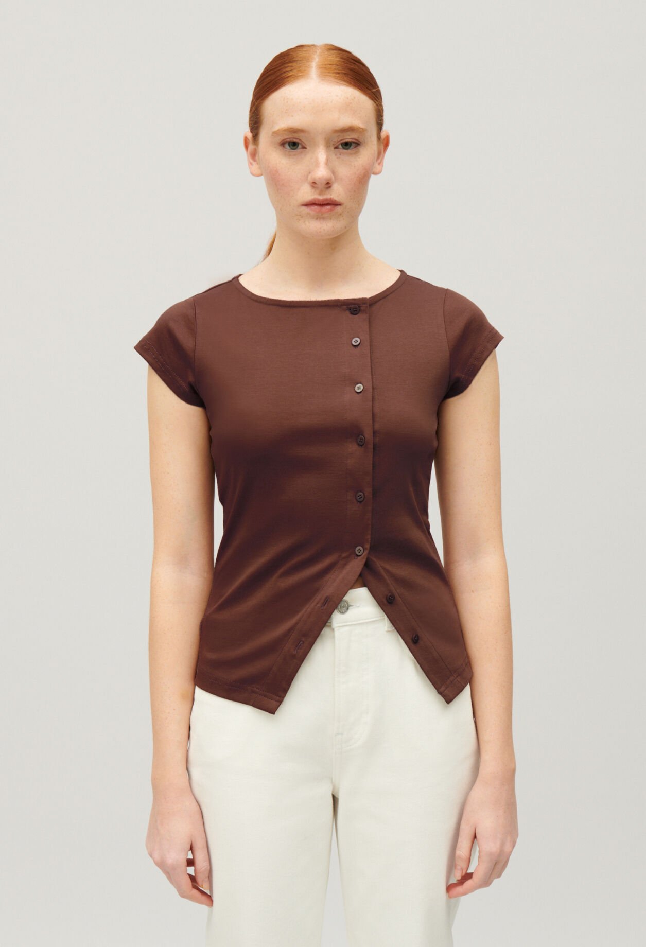 Black asymmetric button-up top