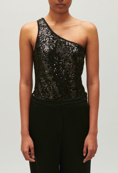 Black asymmetric bodysuit with sequins