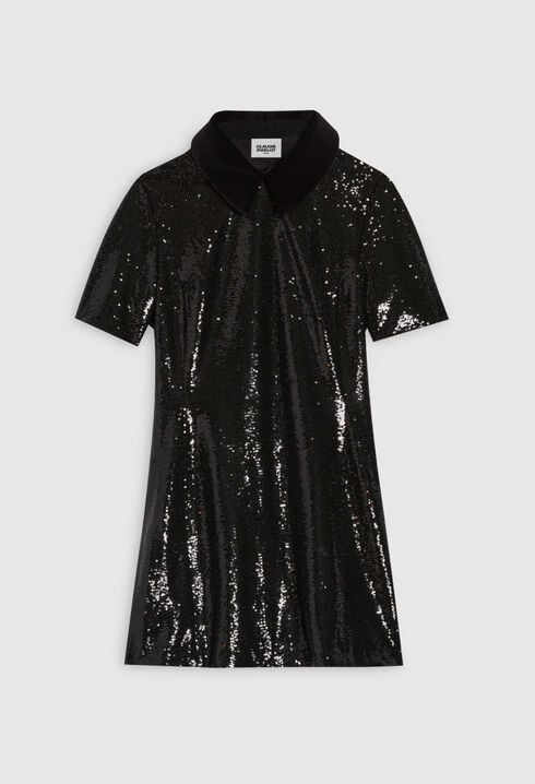 Robe courte sequins col velours noir