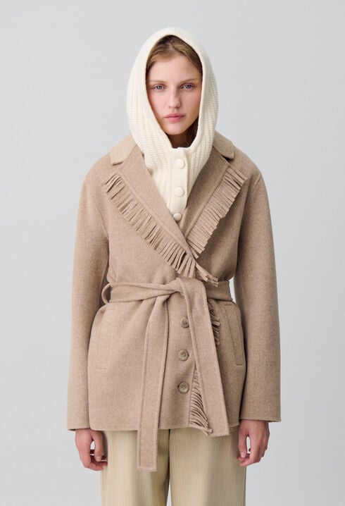 Manteau court laine franges