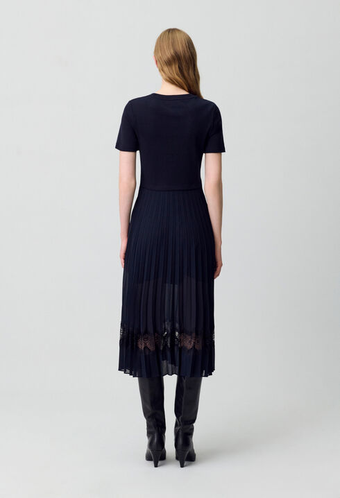 Robe midi bi-matière noire et marine 