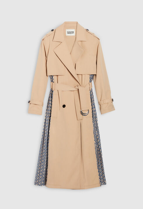 Monogrammed beige mid-length trench coat