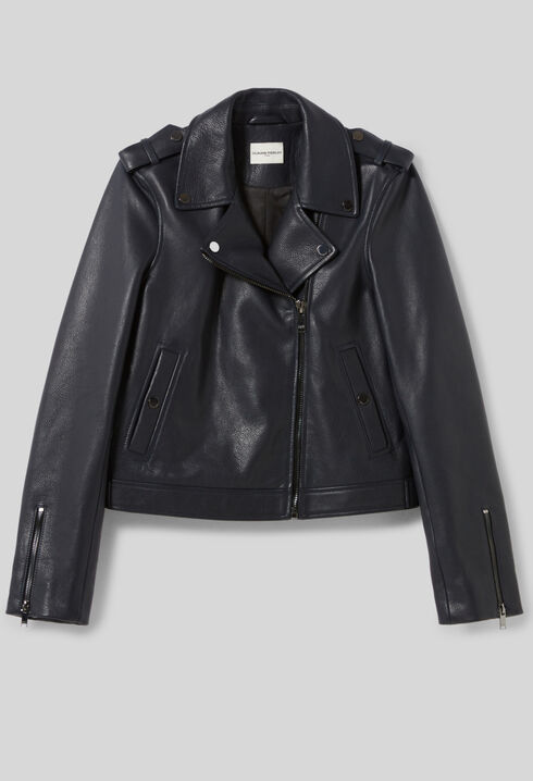 Veste cuir grainé bleu marine