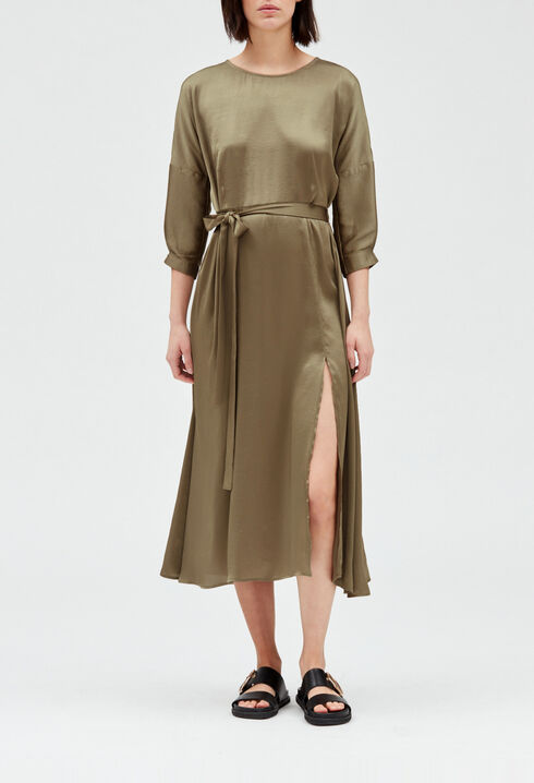 Satiny khaki midi dress