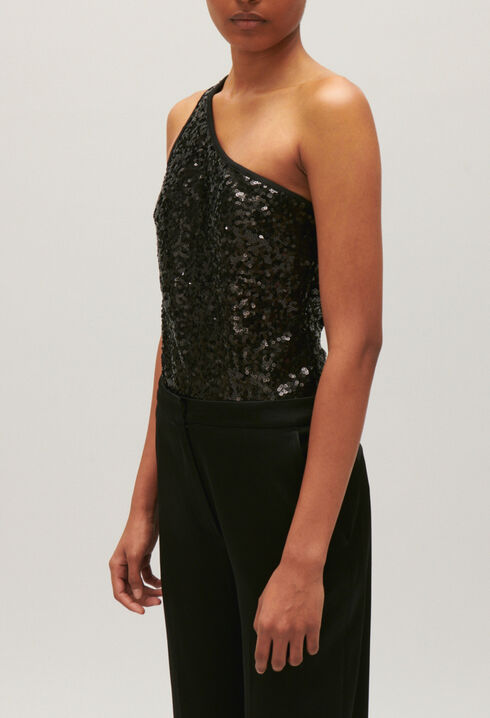Black asymmetric bodysuit with sequins